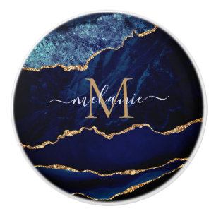 Agate Navy Blue Gold Gemstone Marble Monogram Keramische Knop