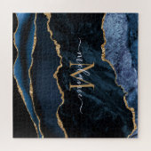 Agate Navy Blue Gold Gemstone Marble Monogram Legpuzzel (Horizontaal)