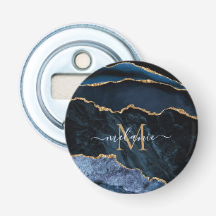 Agate Navy Blue Gold Gemstone Marble Monogram Naam Button Flesopener