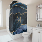Agate Navy Blue Gold Gemstone Marble Monogram Naam Douchegordijn (In situ)