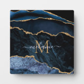 Agate Navy Blue Gold Gemstone Marble Monogram Naam Fotoplaat (Voorkant)