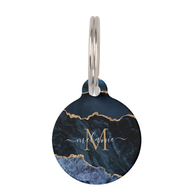 Agate Navy Blue Gold Gemstone Marble Monogram Naam Huisdierpenning (Voorkant)