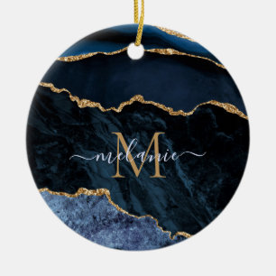 Agate Navy Blue Gold Gemstone Marble Monogram Naam Keramisch Ornament