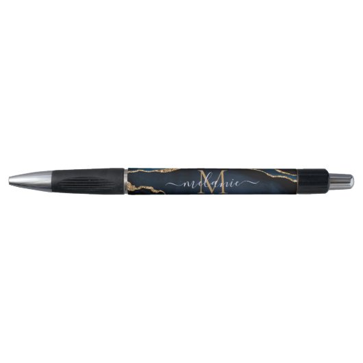 Agate Navy Blue Gold Gemstone Marble Monogram Naam Pen (Voorkant)
