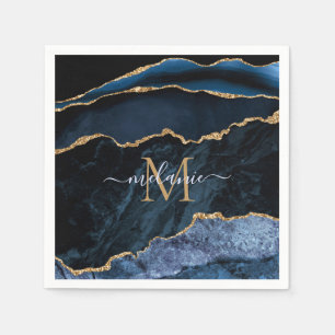 Agate Navy Blue Gold Gemstone Marble Monogram Naam Servet