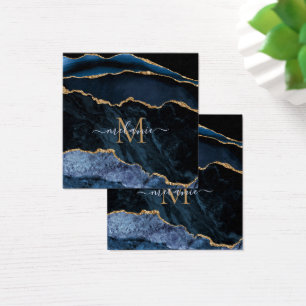 Agate Navy Blue Gold Gemstone Marble Monogram Naam Vierkante Visitekaartjes