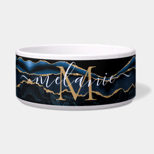 Agate Navy Blue Gold Gemstone Marble Monogram Naam Voerbakje