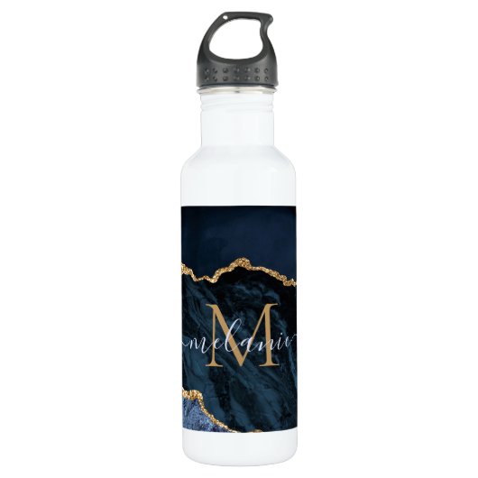 Agate Navy Blue Gold Gemstone Marble Monogram Naam Waterfles (Voorkant)