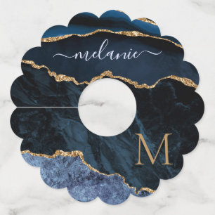 Agate Navy Blue Gold Gemstone Marble Wijnglaslabel