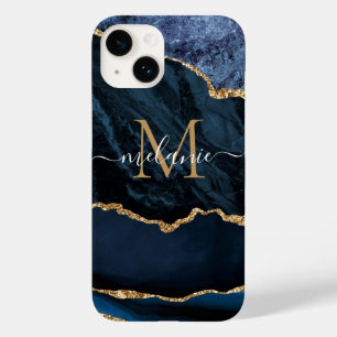 Agate Navy Blue Gold Marble Jouw naam Letter Gift Case-Mate iPhone 14 Hoesje
