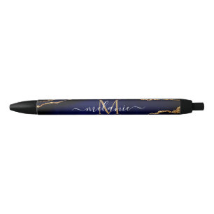 Agate Navy Blue Gold Marble Jouw naam Letter Pen