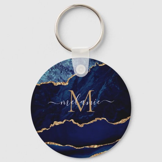 Agate Navy Blue Gold Marble Monogram Name Sleutelh Sleutelhanger (Voorkant)