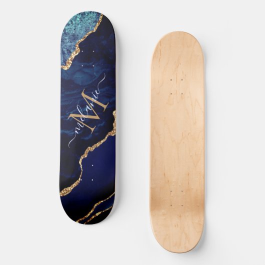 Agate Navy Blue Gold Marble Monogramme Skateboard (Recto)