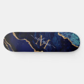 Agate Navy Blue Gold Marble Monogramme Skateboard (Horz)