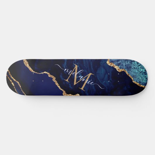 Agate Navy Blue Gold Marble Monogramme Skateboard (Horz)