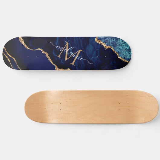 Agate Navy Blue Gold Marble Monogramme Skateboard (Horz)