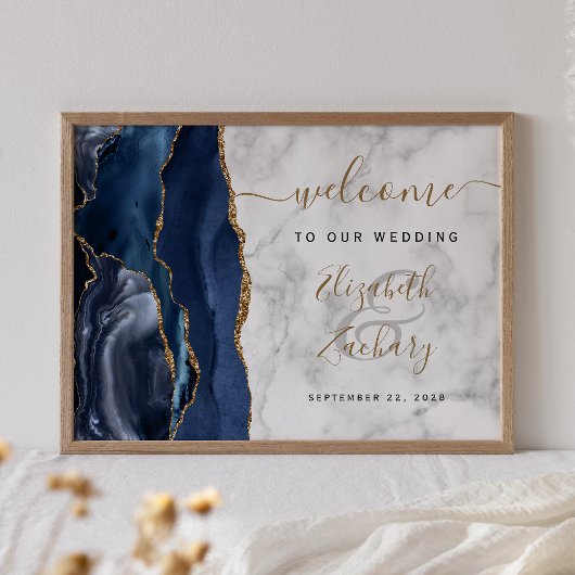 Agate Navy Blue Gold Marble Wedding Welkom Poster