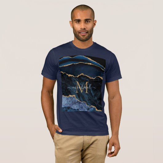 Agate Navy Blue Gold Moderne T-shirt - Monogramme (Devant entier)