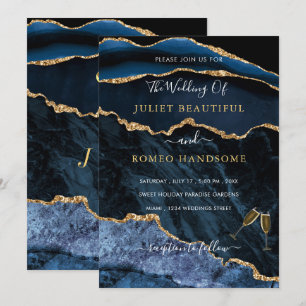 Agate Navy Blue Gold Rings Wedding Invitation