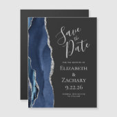 Agate Navy Blue Silver Dark Magnetic Save the Date (Voorkant / Achterkant)