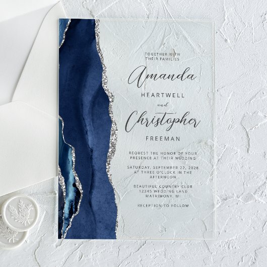 Agate Navy Blue Silver Script Weddenschap Acryl Uitnodigingen