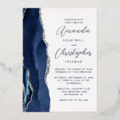 Agate Navy Blue Silver Script Weddenschap Folie Uitnodiging (Voorkant)