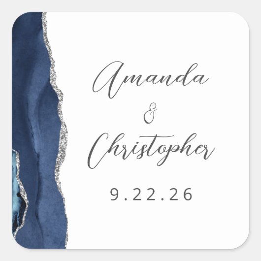 Agate Navy Blue Silver Script Weddenschap Vierkante Sticker (Voorkant)