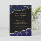 Agate Navyblauw Gouden Blauwe Trouw Uitnodiging (Staand voorkant)