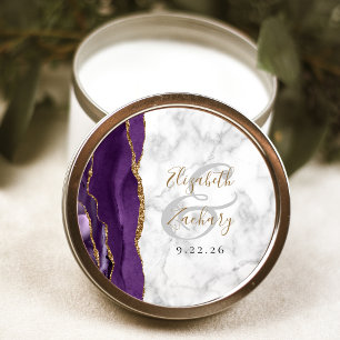 Agate Paars Goud Schrift Marmer Huwelijk Ronde Sticker