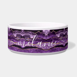 Agate Paarse Gouden Glitter Aangepaste Naam Huisdi Voerbakje