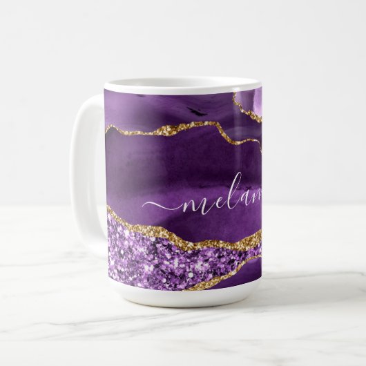 Agate Paarse Gouden Glitter Koffie Mok Custom Name (Voorkant links)