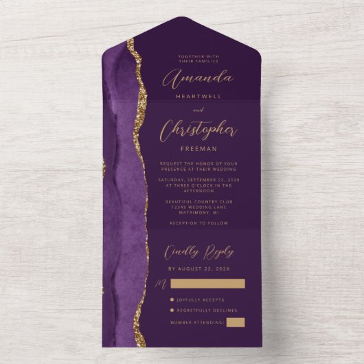 Agate Paarse gouden script pruim All In One Uitnodiging (Binnen)