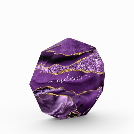 Agate Paarse Violet Gold Glitter Geode Jouw naam Fotoblokken (Links)