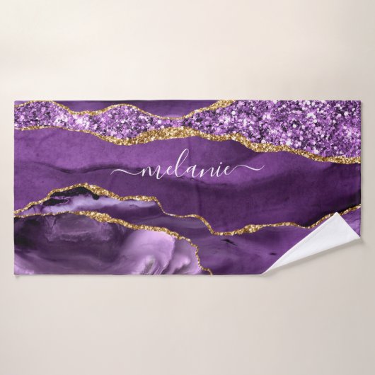 Agate Paarse Violet Gold Glitter Geode Name Bad Handdoek (Badhanddoek)