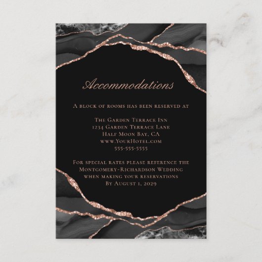 Agate Roos Gold Foil Black Wedding Accommodations Informatiekaartje (Voorkant)