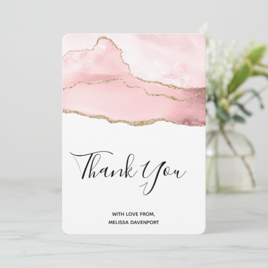 Agate rose vierge avec Merci à ruban or (Debout devant)