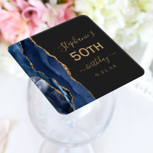 Agate Schrift Navy Blau Goud Donker 50ste Verjaard Vierkante Kartonnen Onderzetter