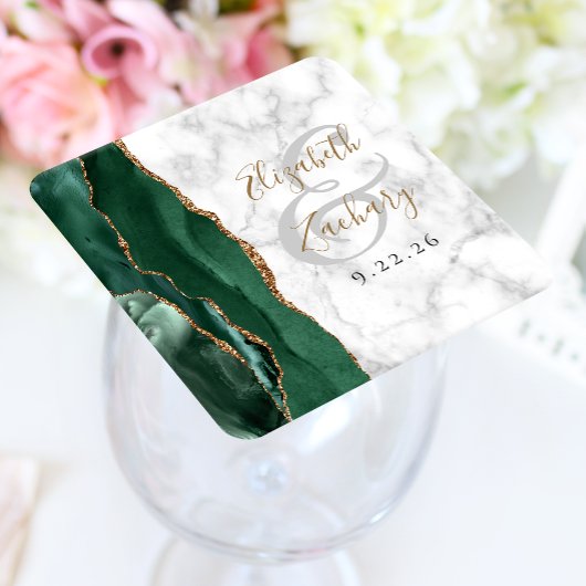 Agate Script Emerald Green Gold Marble Wedding Vierkante Kartonnen Onderzetter