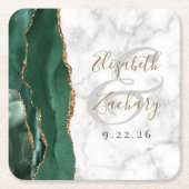 Agate Script Emerald Green Gold Marble Wedding Vierkante Kartonnen Onderzetter (Voorkant)