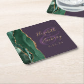 Agate Script Emerald Green Gold Paarse bruiloft Vierkante Kartonnen Onderzetter (Schuin)