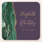 Agate Script Emerald Green Gold Paarse bruiloft Vierkante Kartonnen Onderzetter (Voorkant)