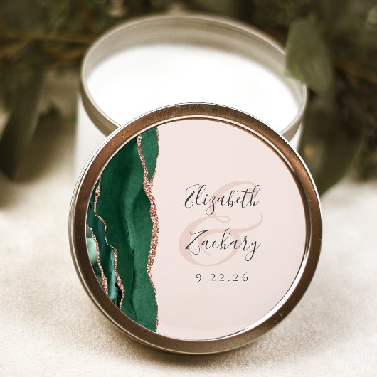 Agate Script Emerald Green Roos Gold Blush Wedding Ronde Sticker
