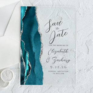 Agate Teal Zilveren Script Trouw Save the Date Acryl Uitnodigingen