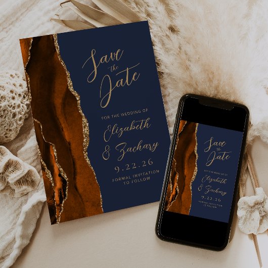 Agate Verbrand Oranje Goud Schrift Navy Trouw Opsl Save The Date
