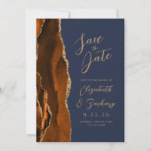 Agate Verbrand Oranje Goud Schrift Navy Trouw Opsl Save The Date (Voorkant)