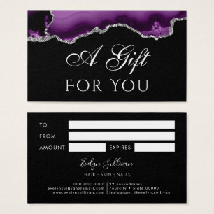 Agate violet et argent sur carte cadeau noire