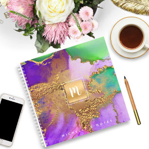 Agate waterverf goud paarse aqua monogram vierkant notitieboek