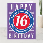 Âge, nom et date sur une carte d'anniversaire 16 a (Devant)