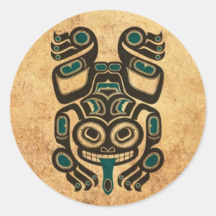 Aged Blauw en Zwart Haida Spirit Tree Kikker Ronde Sticker