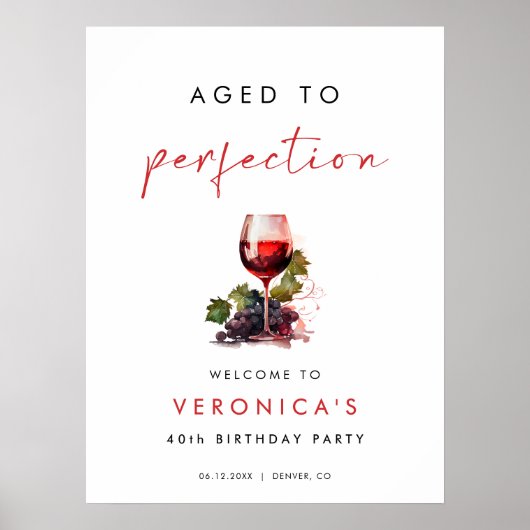 Aged to Perfection Wine Birthday Welcome Sign Poster (Voorkant)